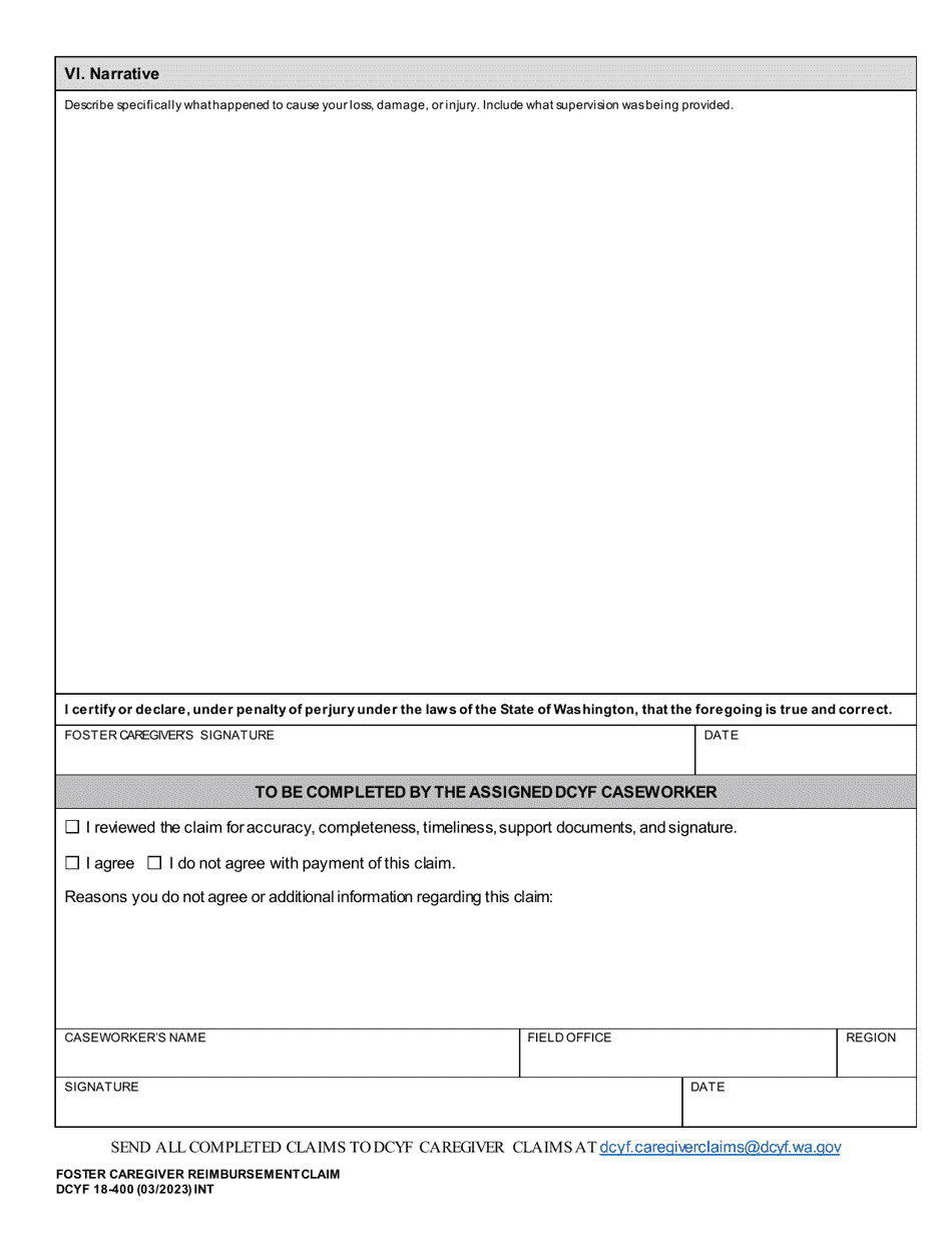 DCYF Form 18-400 Foster Caregiver Reimbursement Claim - Washington, Page 2