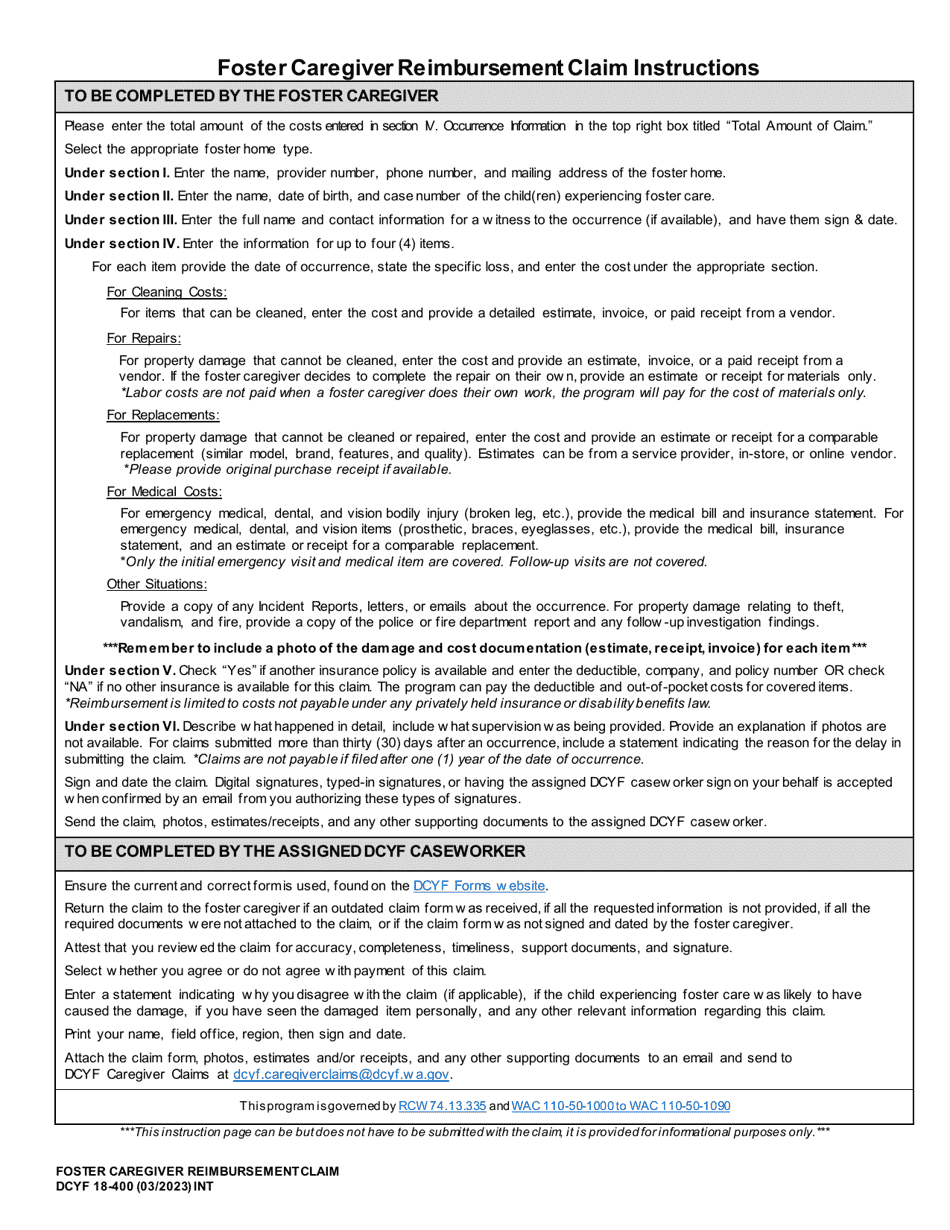 DCYF Form 18-400 Foster Caregiver Reimbursement Claim - Washington, Page 3