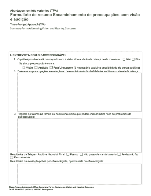 DCYF Form 23-007 Three-Pronged Approach (Tpa) Summary Form Addressing Vision and Hearing Concerns - Washington (Portuguese)