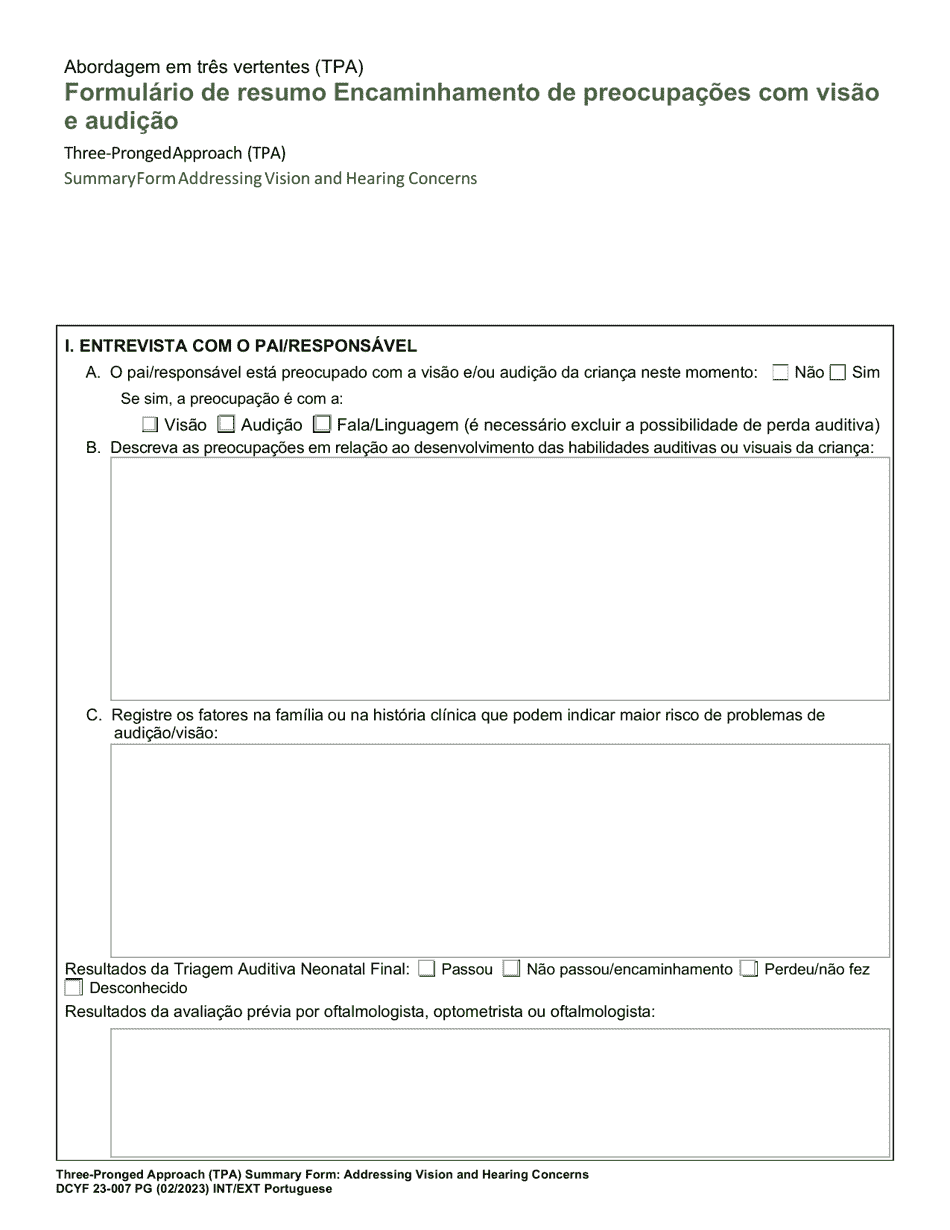 DCYF Form 23-007 Three-Pronged Approach (Tpa) Summary Form Addressing Vision and Hearing Concerns - Washington (Portuguese), Page 1