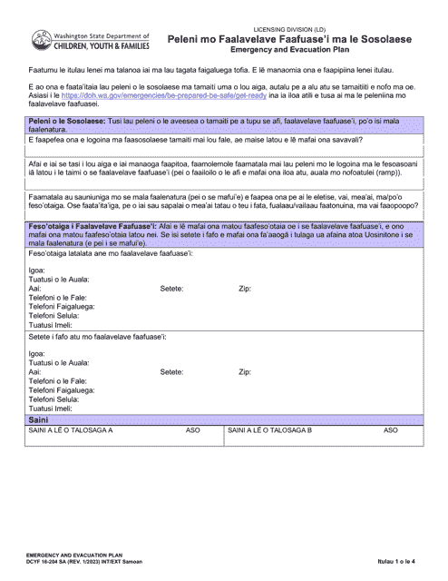DCYF Form 16-204 Emergency and Evacuation Plan - Washington (Samoan)