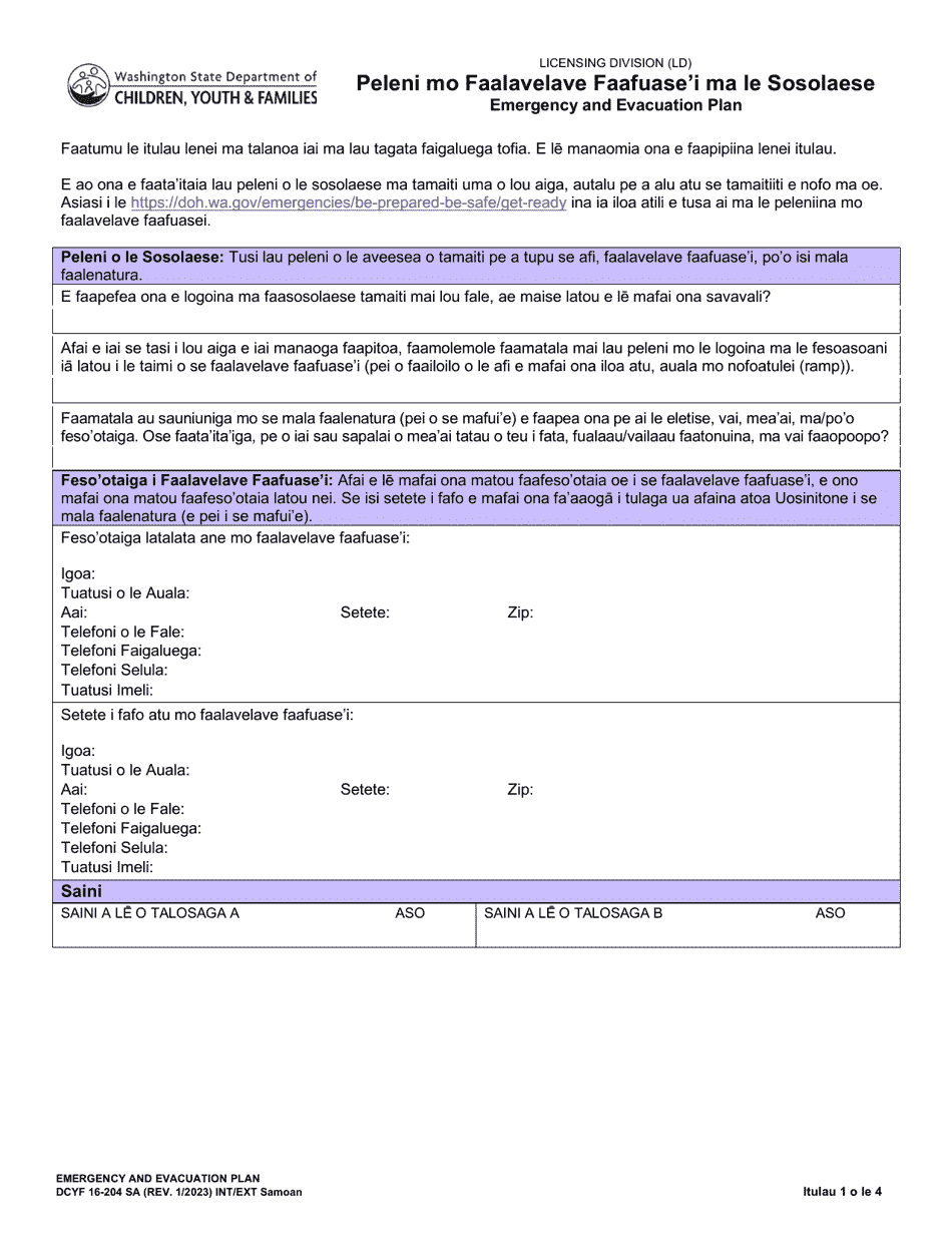 DCYF Form 16-204 Emergency and Evacuation Plan - Washington (Samoan), Page 1