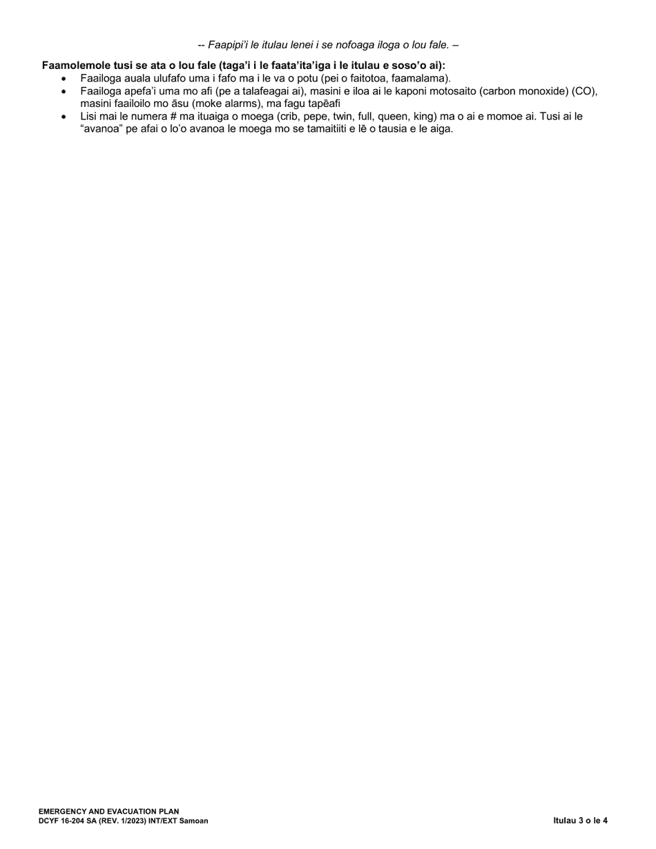 DCYF Form 16-204 Emergency and Evacuation Plan - Washington (Samoan), Page 3