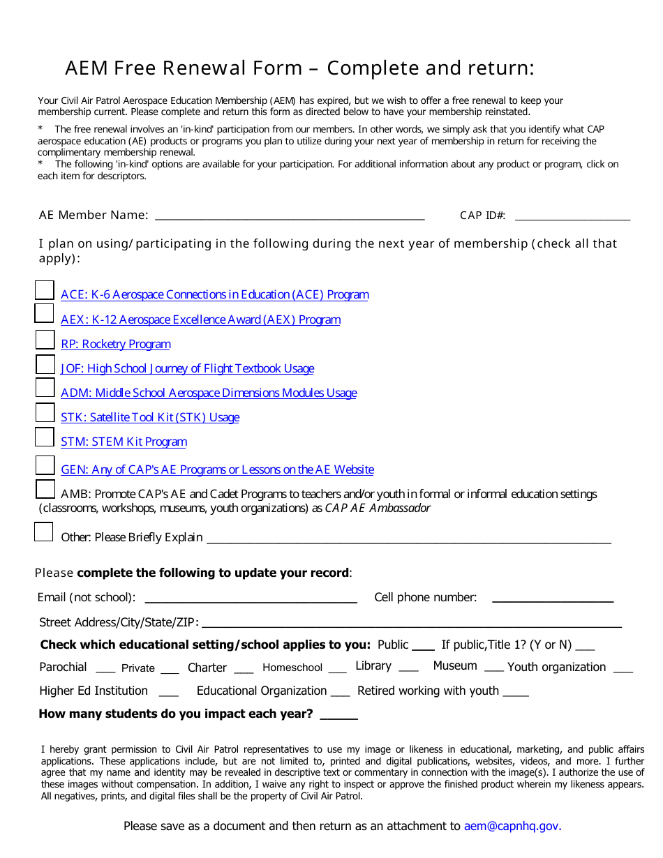 Aem Free Renewal Form, Page 1