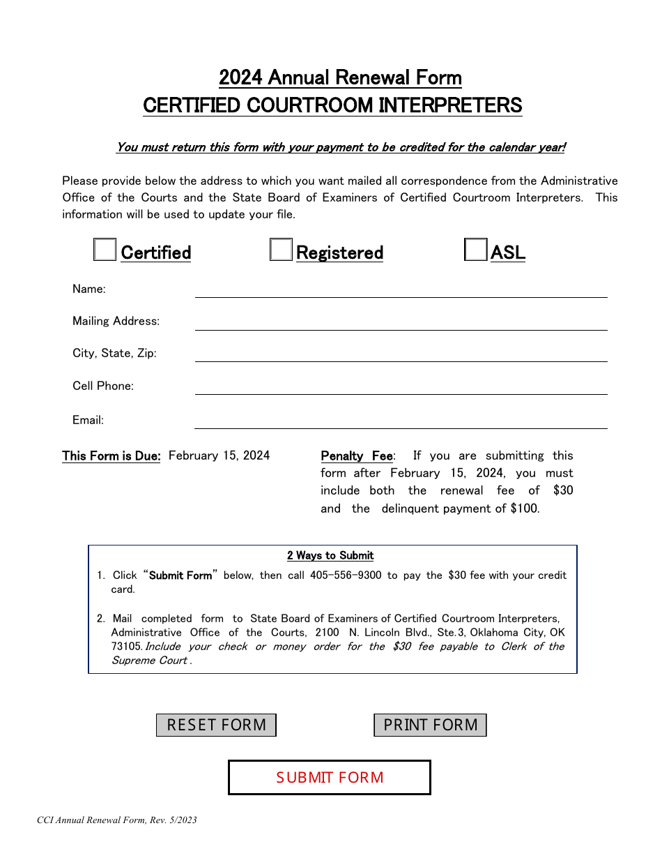 Annual Renewal Form - Certified Courtroom Interpreters - Oklahoma, Page 1