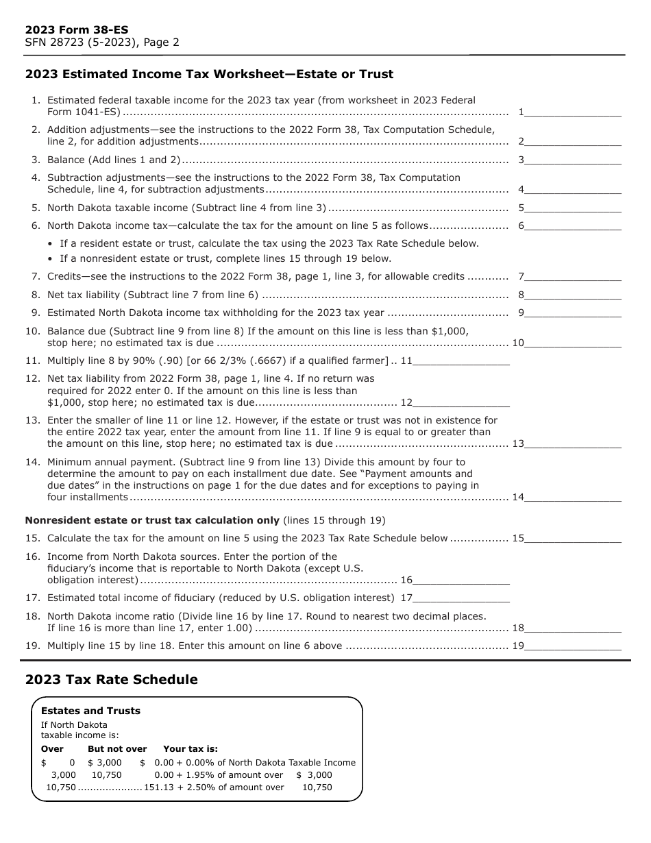 Form 38-ES (SFN28723) Estimated Income Tax - Estates and Trusts - North Dakota, Page 2