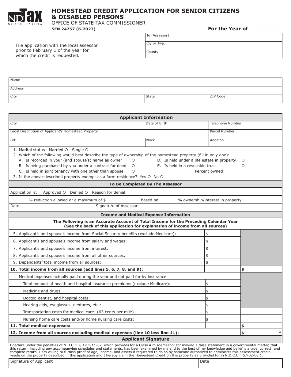 Form SFN24757 Homestead Credit Application for Senior Citizens  Disabled Persons - North Dakota, Page 1