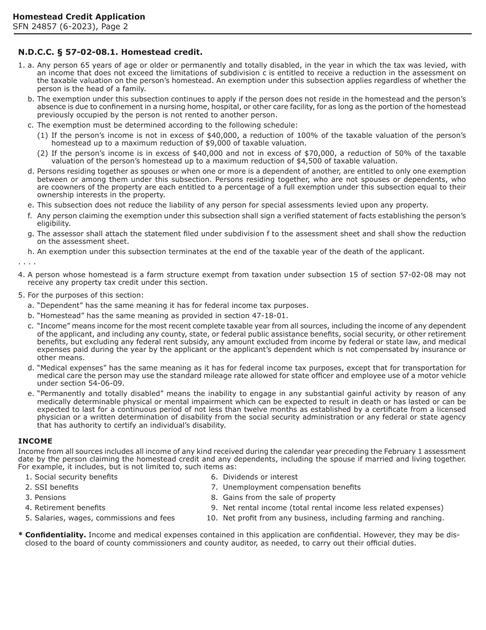 Form SFN24757 Homestead Credit Application for Senior Citizens  Disabled Persons - North Dakota, Page 2