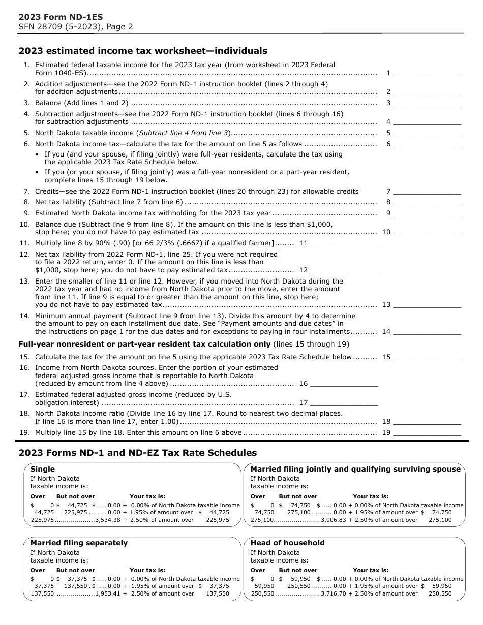 Form ND-1ES (SFN28709) Estimated Income Tax - Individuals - North Dakota, Page 2