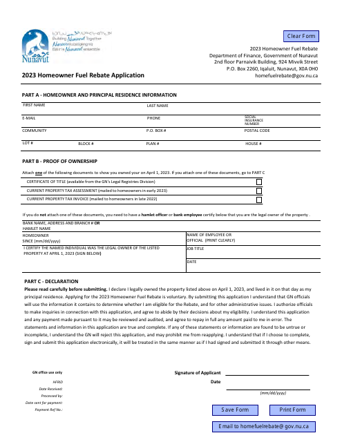 Homeowner Fuel Rebate Application - Nunavut, Canada Download Pdf