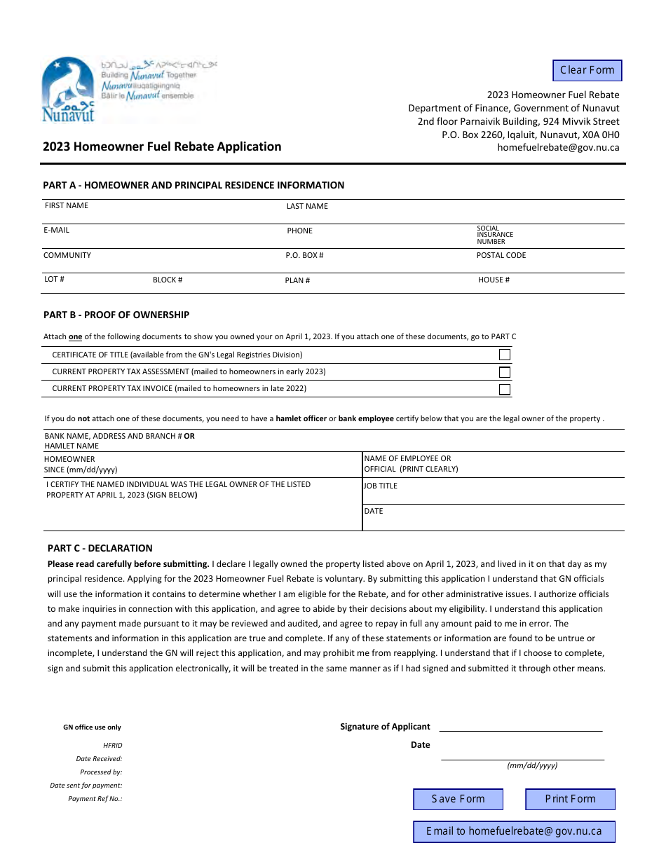 Homeowner Fuel Rebate Application - Nunavut, Canada, Page 1