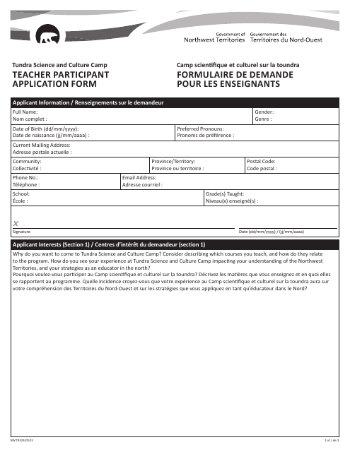 Form NWT9324 Teacher Participant Application Form - Northwest Territories, Canada (English/French)