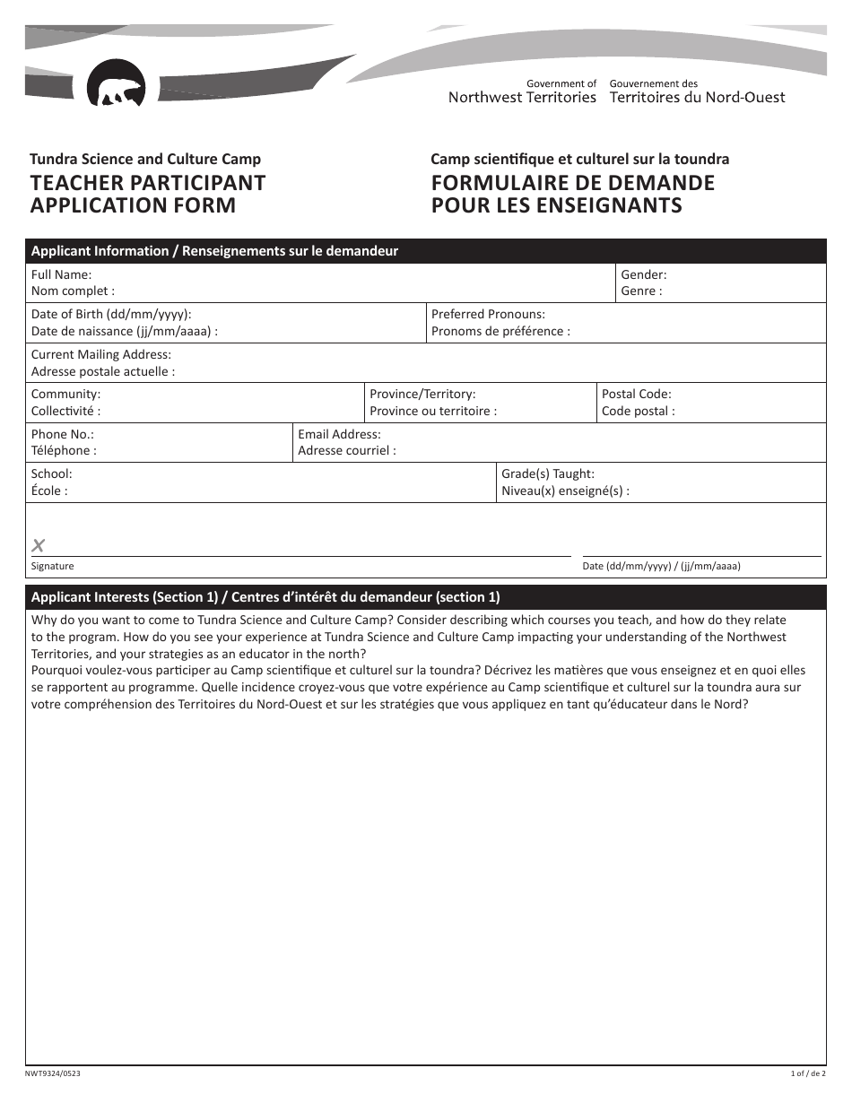 Form NWT9324 Teacher Participant Application Form - Northwest Territories, Canada (English / French), Page 1