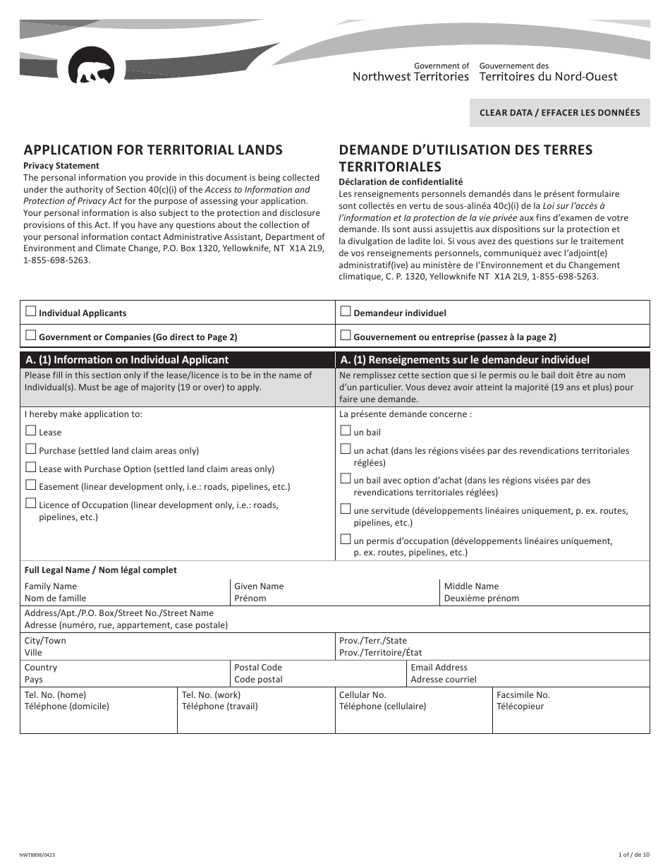 Form NWT8898 Application for Territorial Lands - Northwest Territories, Canada (English / French), Page 1