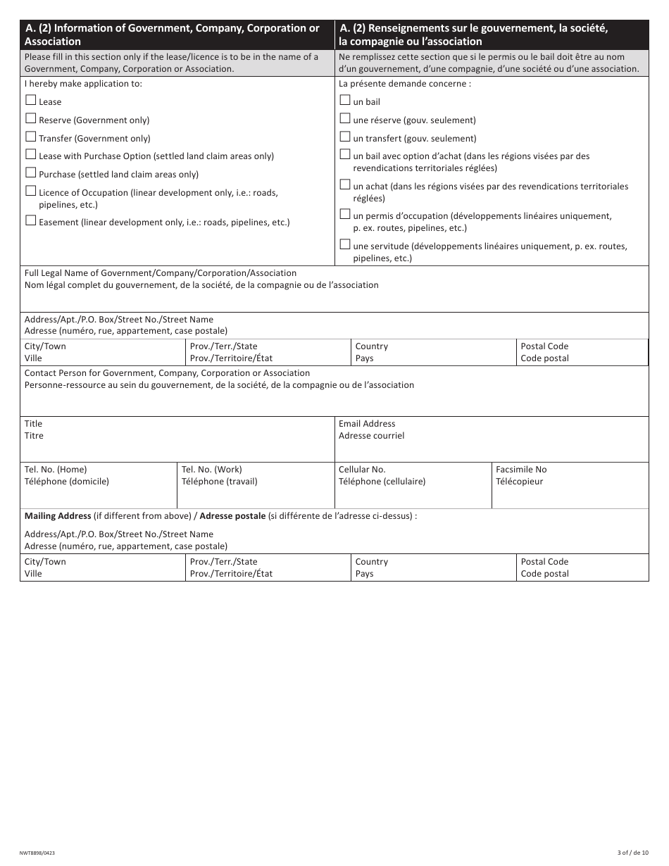 Form NWT8898 Application for Territorial Lands - Northwest Territories, Canada (English / French), Page 3