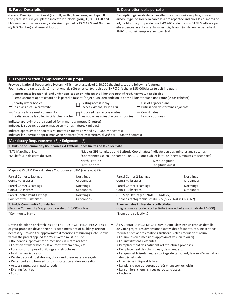 Form NWT8898 Application for Territorial Lands - Northwest Territories, Canada (English / French), Page 4