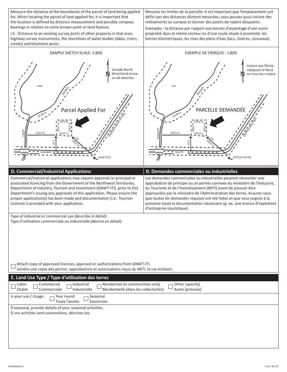 Form NWT8898 Application for Territorial Lands - Northwest Territories, Canada (English / French), Page 5