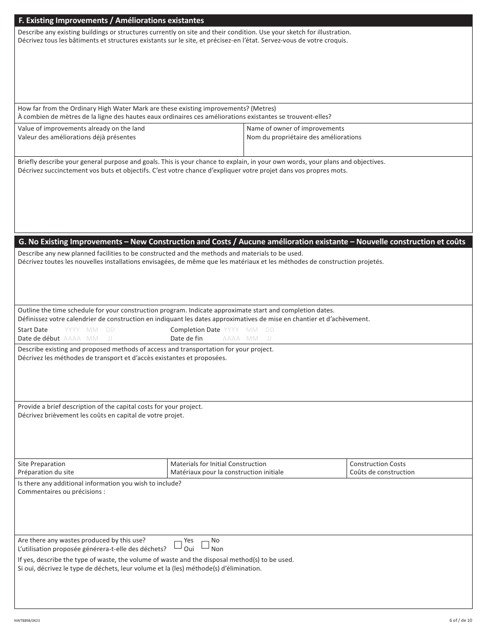 Form NWT8898 Application for Territorial Lands - Northwest Territories, Canada (English / French), Page 6