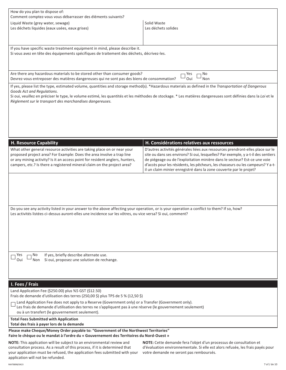 Form NWT8898 Application for Territorial Lands - Northwest Territories, Canada (English / French), Page 7