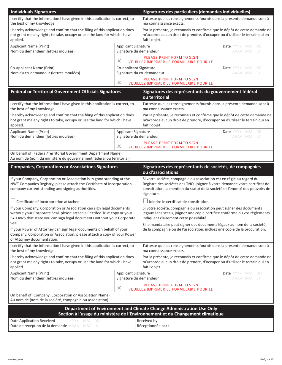 Form NWT8898 Application for Territorial Lands - Northwest Territories, Canada (English / French), Page 8