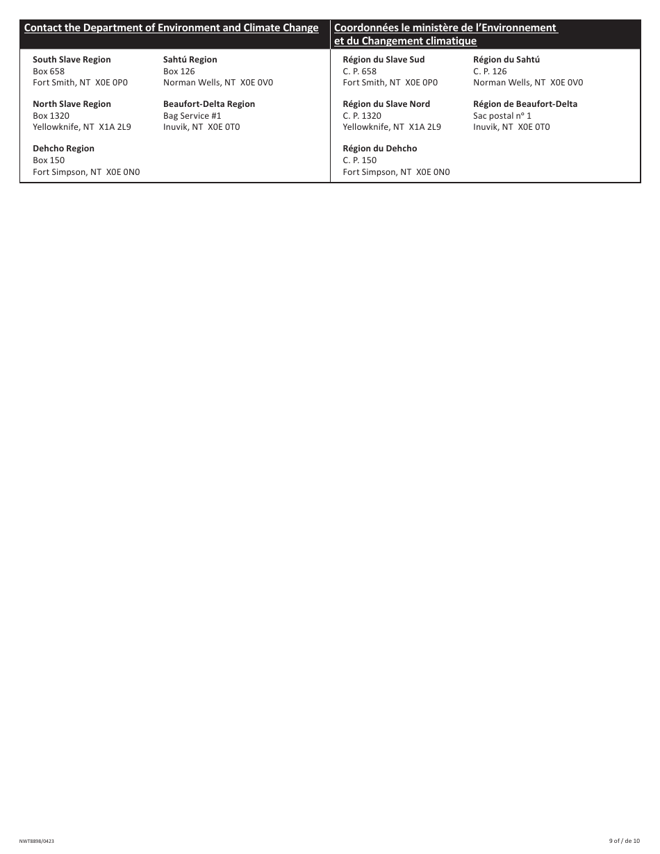 Form NWT8898 Application for Territorial Lands - Northwest Territories, Canada (English / French), Page 9