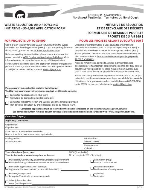 Form NWT9158 Waste Reduction and Recycling Initiative - $0-9,999 Application Form - for Projects up to $9,999 - Northwest Territories, Canada (English/French)