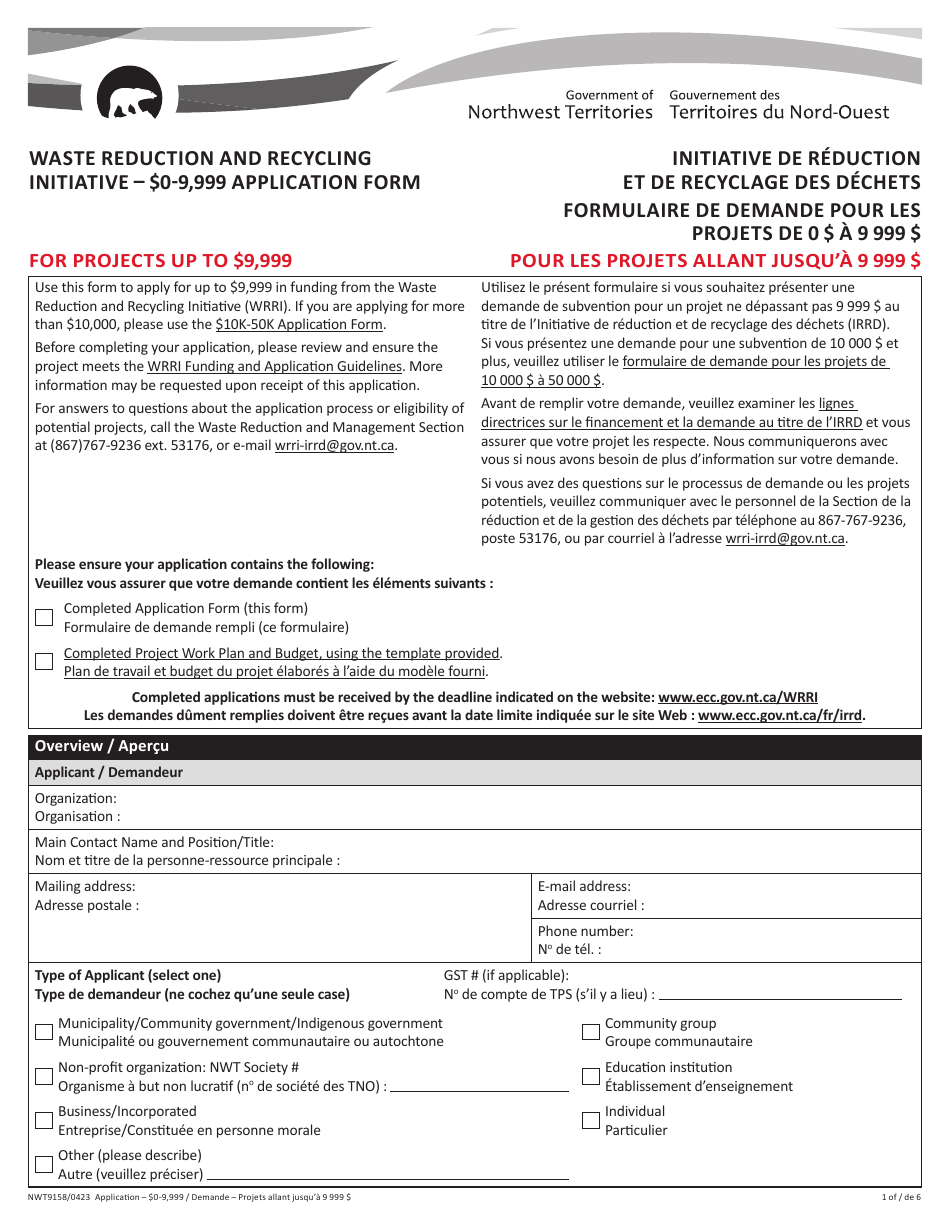Form NWT9158 Waste Reduction and Recycling Initiative - $0-9,999 Application Form - for Projects up to $9,999 - Northwest Territories, Canada (English / French), Page 1