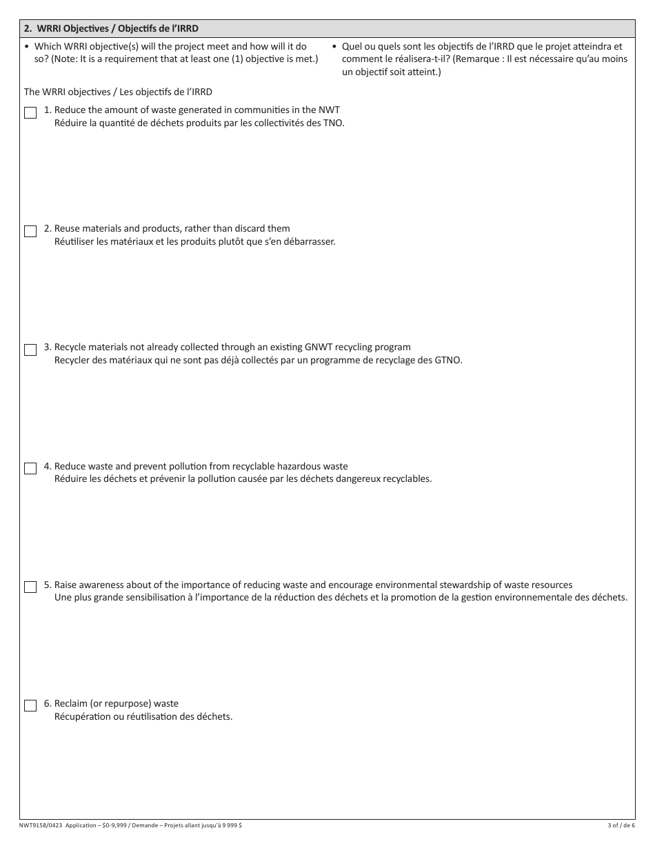 Form NWT9158 Waste Reduction and Recycling Initiative - $0-9,999 Application Form - for Projects up to $9,999 - Northwest Territories, Canada (English / French), Page 3
