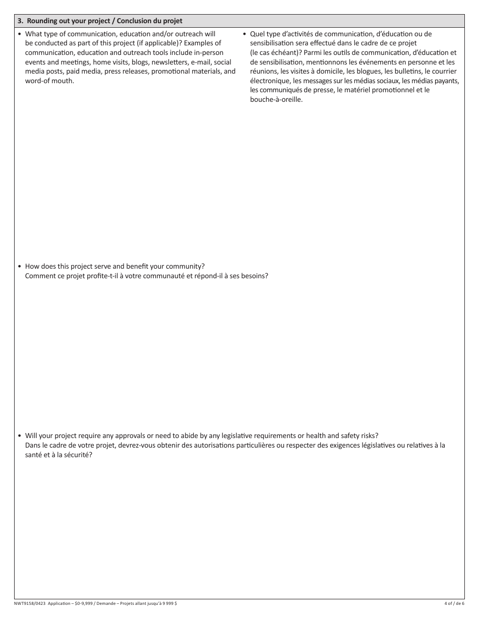 Form NWT9158 Waste Reduction and Recycling Initiative - $0-9,999 Application Form - for Projects up to $9,999 - Northwest Territories, Canada (English / French), Page 4