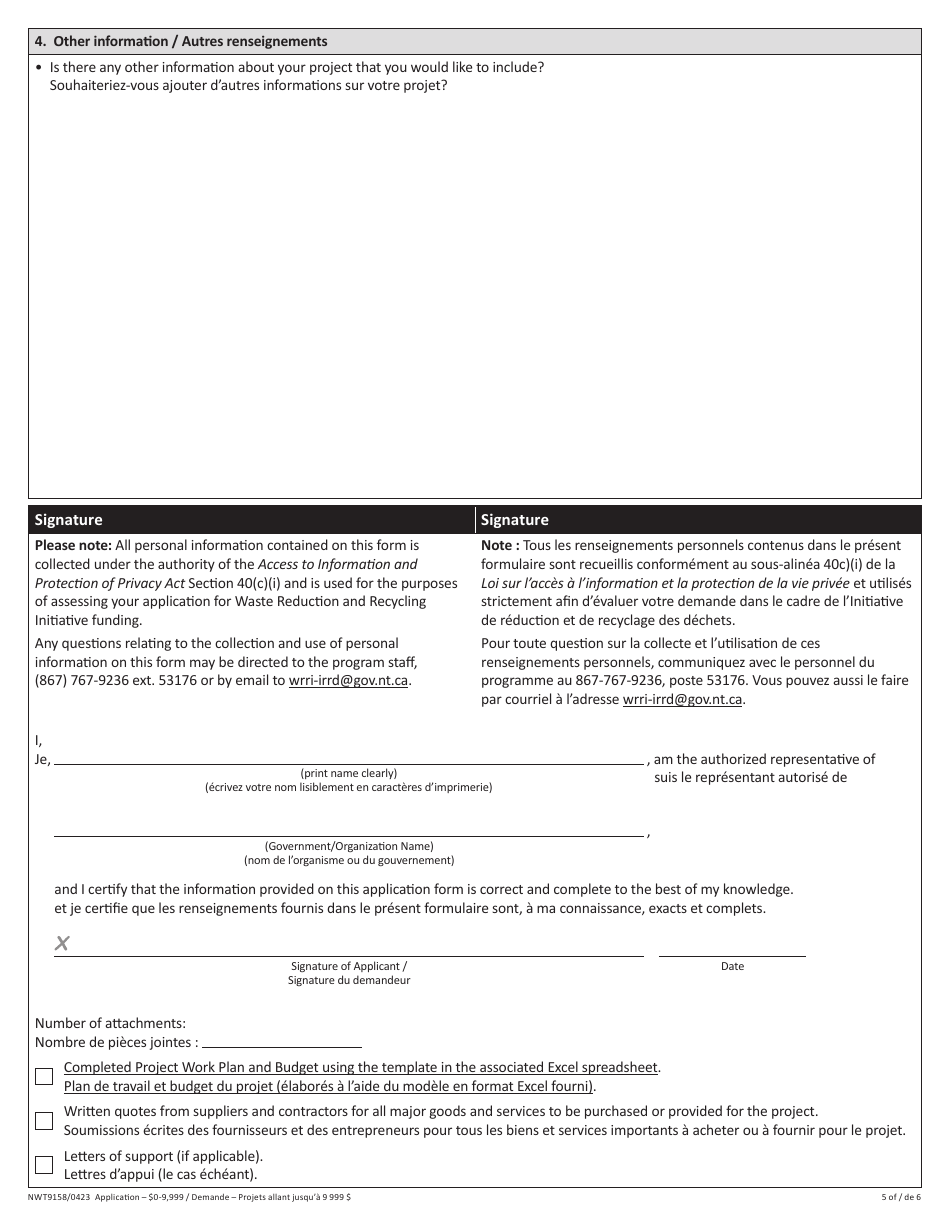 Form NWT9158 Waste Reduction and Recycling Initiative - $0-9,999 Application Form - for Projects up to $9,999 - Northwest Territories, Canada (English / French), Page 5