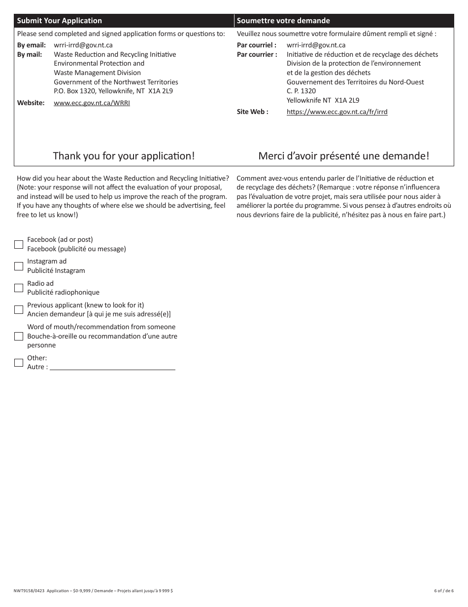 Form NWT9158 Waste Reduction and Recycling Initiative - $0-9,999 Application Form - for Projects up to $9,999 - Northwest Territories, Canada (English / French), Page 6