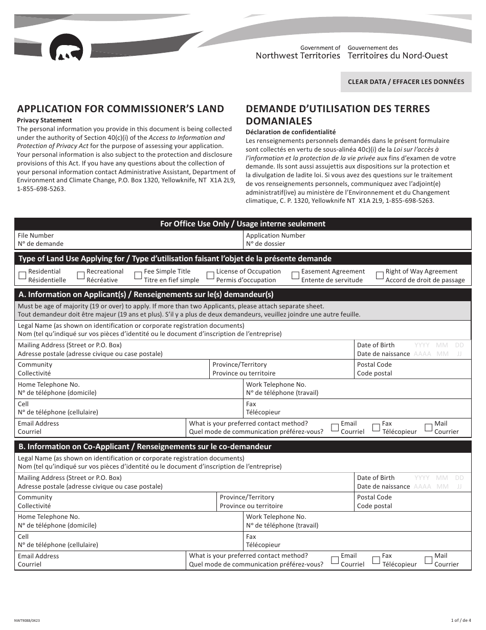 Form NWT9088 Application for Commissioners Land - Northwest Territories, Canada (English / French), Page 1