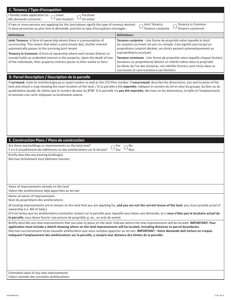 Form NWT9088 Application for Commissioners Land - Northwest Territories, Canada (English / French), Page 2