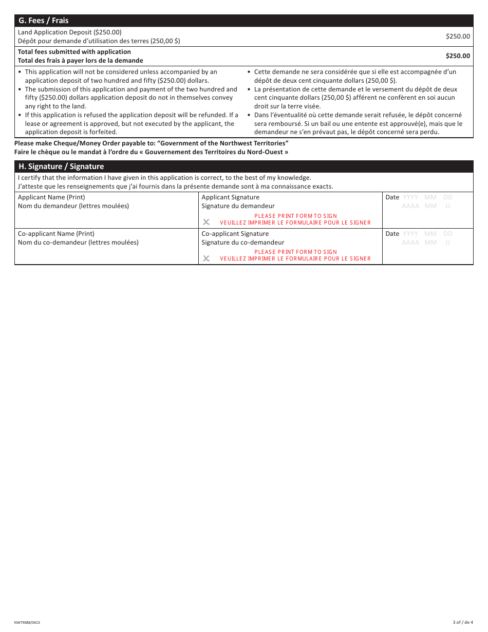 Form NWT9088 Application for Commissioners Land - Northwest Territories, Canada (English / French), Page 3