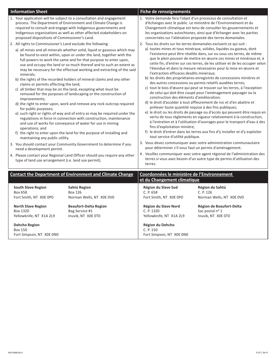 Form NWT9088 Application for Commissioners Land - Northwest Territories, Canada (English / French), Page 4