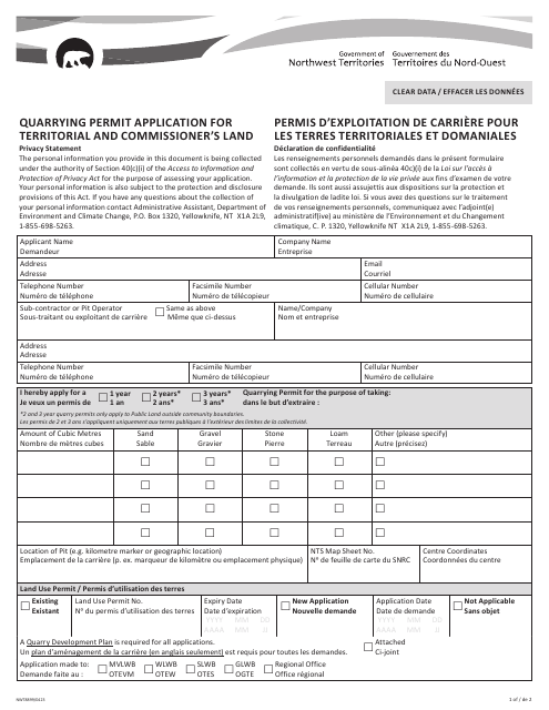 Form NWT8999 Quarrying Permit Application for Territorial and Commissioner's Land - Northwest Territories, Canada (English/French)
