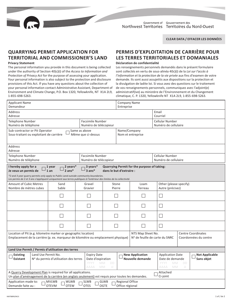 Form NWT8999 Quarrying Permit Application for Territorial and Commissioners Land - Northwest Territories, Canada (English / French), Page 1