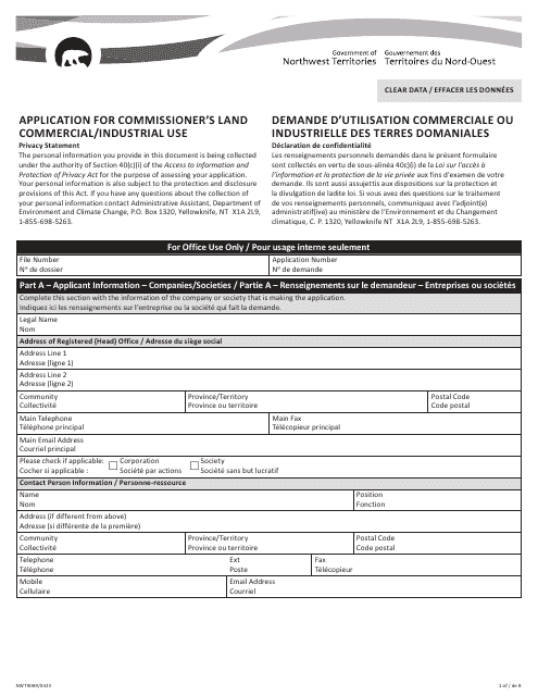 Form NWT9089 Application for Commissioner's Land Commercial/Industrial Use - Northwest Territories, Canada (English/French)
