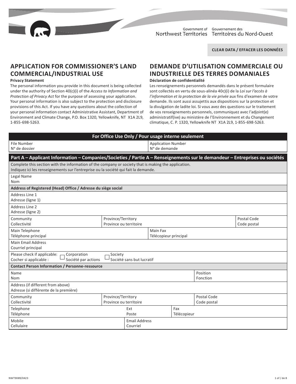 Form NWT9089 Application for Commissioners Land Commercial / Industrial Use - Northwest Territories, Canada (English / French), Page 1