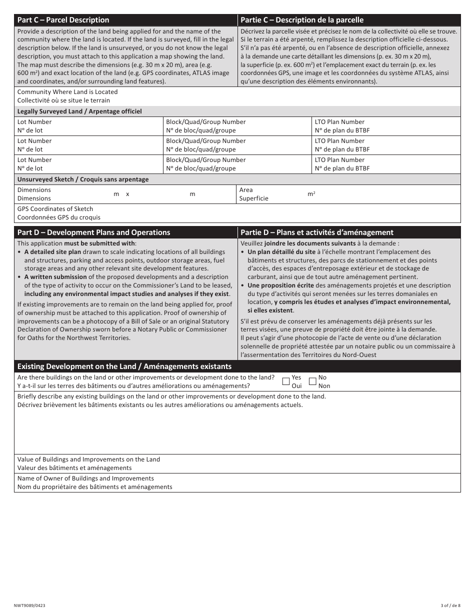 Form NWT9089 Application for Commissioners Land Commercial / Industrial Use - Northwest Territories, Canada (English / French), Page 3