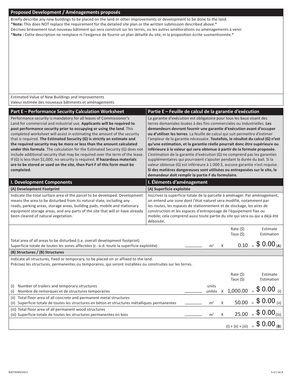 Form NWT9089 Application for Commissioners Land Commercial / Industrial Use - Northwest Territories, Canada (English / French), Page 4
