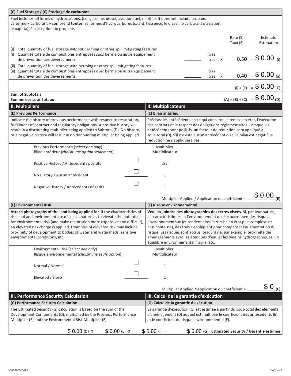Form NWT9089 Application for Commissioners Land Commercial / Industrial Use - Northwest Territories, Canada (English / French), Page 5