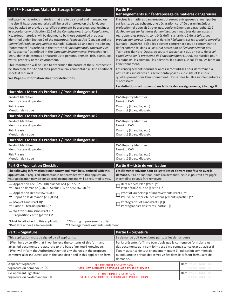 Form NWT9089 Application for Commissioners Land Commercial / Industrial Use - Northwest Territories, Canada (English / French), Page 6