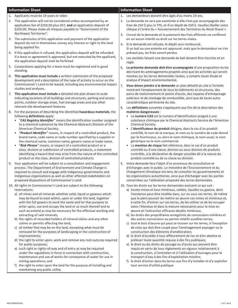 Form NWT9089 Application for Commissioners Land Commercial / Industrial Use - Northwest Territories, Canada (English / French), Page 7