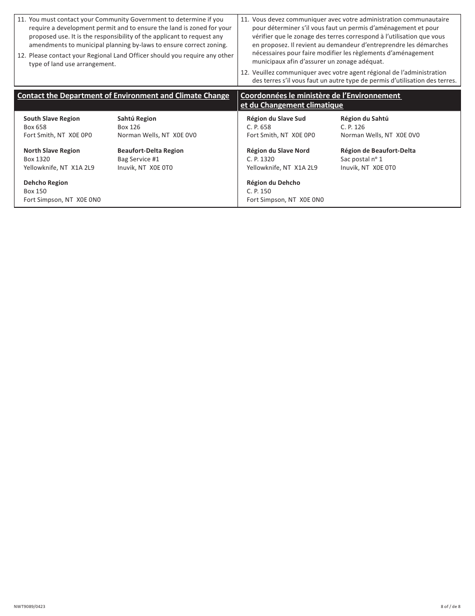 Form NWT9089 Application for Commissioners Land Commercial / Industrial Use - Northwest Territories, Canada (English / French), Page 8