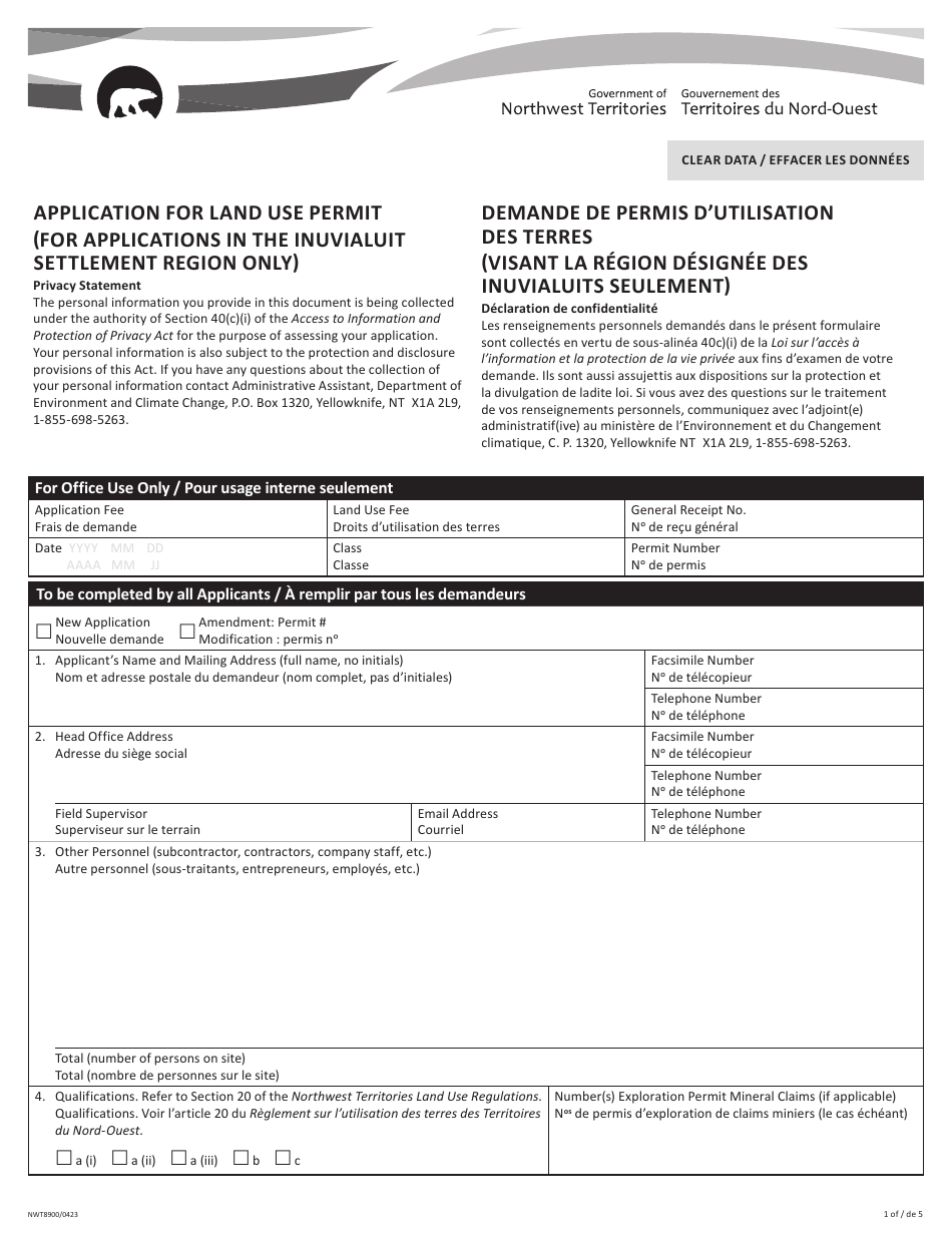 Form NWT8900 Application for Land Use Permit (For Applications in the Inuvialuit Settlement Region Only) - Northwest Territories, Canada (English / French), Page 1