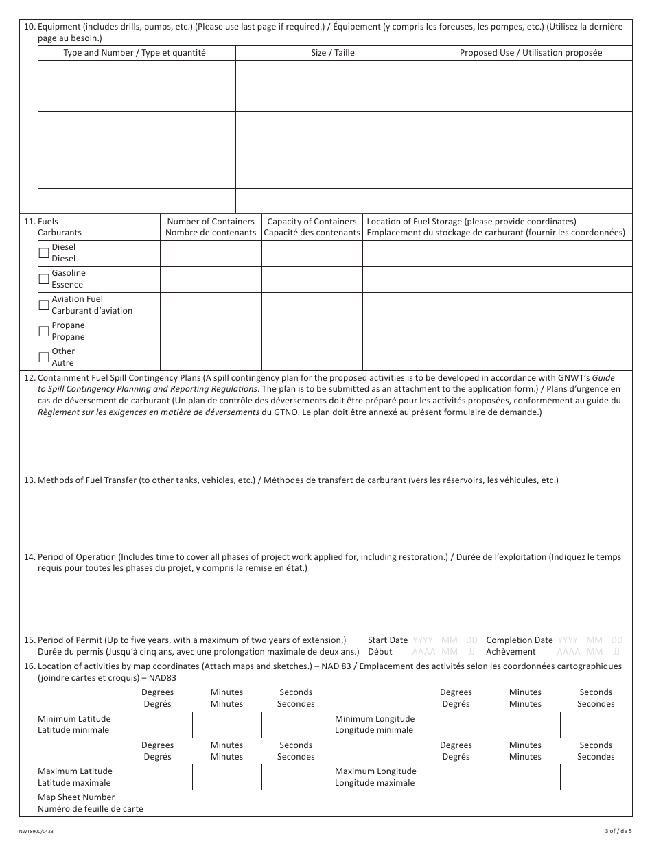 Form NWT8900 Application for Land Use Permit (For Applications in the Inuvialuit Settlement Region Only) - Northwest Territories, Canada (English / French), Page 3