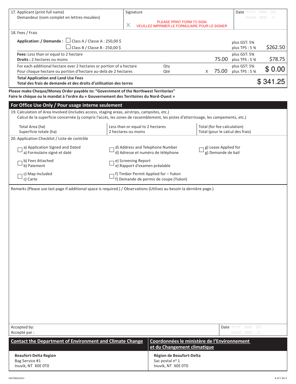 Form NWT8900 Application for Land Use Permit (For Applications in the Inuvialuit Settlement Region Only) - Northwest Territories, Canada (English / French), Page 4