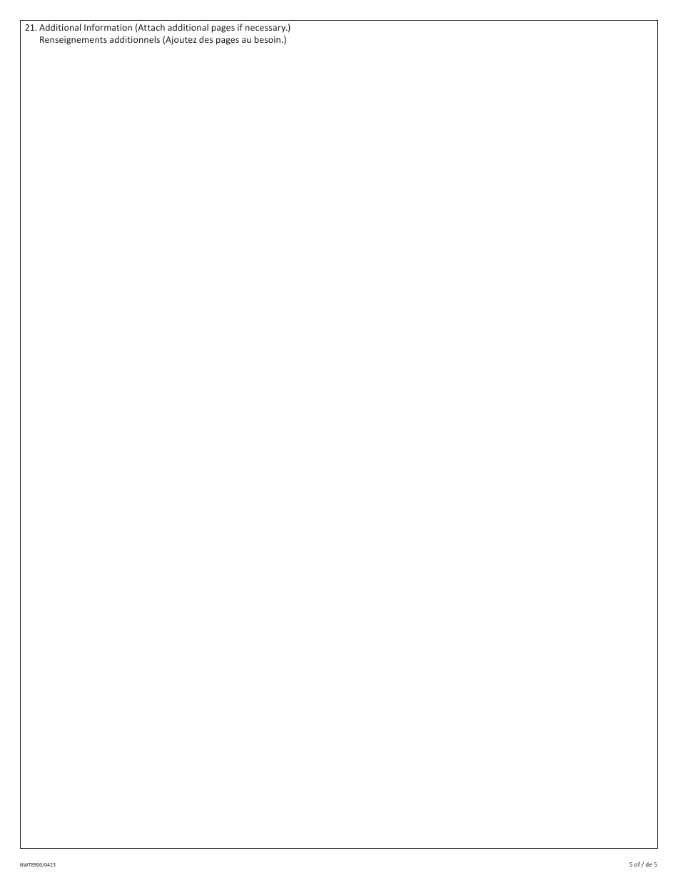 Form NWT8900 Application for Land Use Permit (For Applications in the Inuvialuit Settlement Region Only) - Northwest Territories, Canada (English / French), Page 5