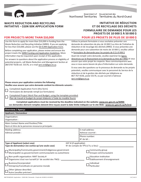 Form NWT9158 Waste Reduction and Recycling Initiative - $10k-50k Application Form - for Projects More Than $10,000 - Northwest Territories, Canada (English/French)